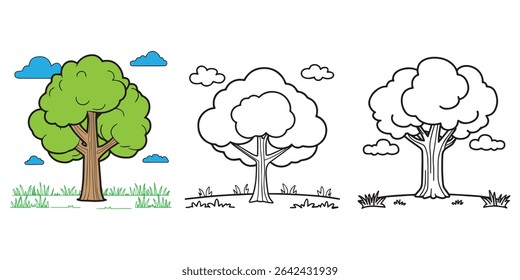 Line Art Tree Collection in Light Green – Baobab, Palm, Spruce, and Tropical Trees in Minimal Cartoon Style for Jungle, Forest, Nature Icons, Game Assets, and Decorative Plant Illustrations