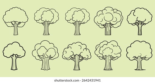 Line Art Tree Collection in Light Green – Baobab, Palm, Spruce, and Tropical Trees in Minimal Cartoon Style for Jungle, Forest, Nature Icons, Game Assets, and Decorative Plant Illustrations
