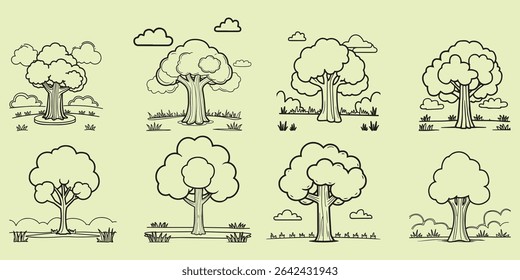 Line Art Tree Collection in Light Green – Baobab, Palm, Spruce, and Tropical Trees in Minimal Cartoon Style for Jungle, Forest, Nature Icons, Game Assets, and Decorative Plant Illustrations