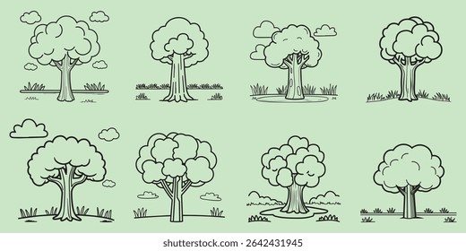 Line Art Tree Collection in Light Green – Baobab, Palm, Spruce, and Tropical Trees in Minimal Cartoon Style for Jungle, Forest, Nature Icons, Game Assets, and Decorative Plant Illustrations