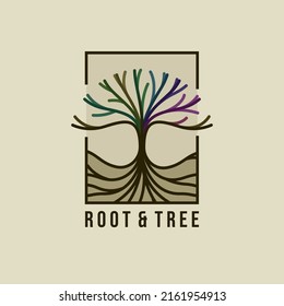 Line art tree logo with colorful design. Tree logo design with branch and root element. Tree design that grows above the ground