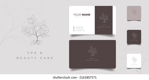 Line art of tree for logo design with business card template in brown and white background