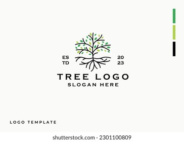 Diseño del logotipo de árbol de arte de línea, árbol y vector raíz. Inspiración en el diseño del logotipo del árbol de la vida