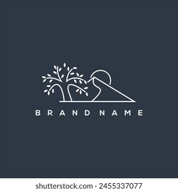 line art tree mountain and sun hill logo vector