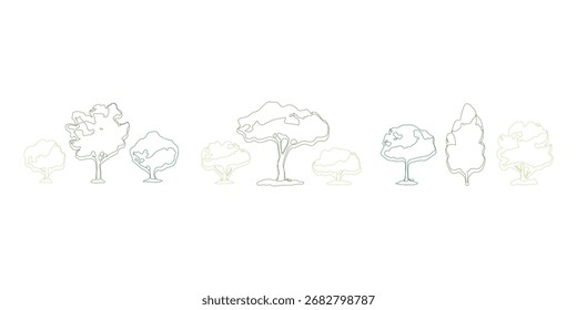 Un conjunto de siluetas de árbol de arte lineal para el diseño de paisajes e ilustraciones ambientales, que proporciona una imagen simple y elegante.