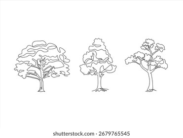 Árboles del arte de la línea fijados en la ilustración blanca, minimalista de la naturaleza. Trazo editable. 