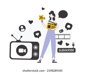 Line art trendy style. Girl blogger. Video blogging and podcast concept. Vector.