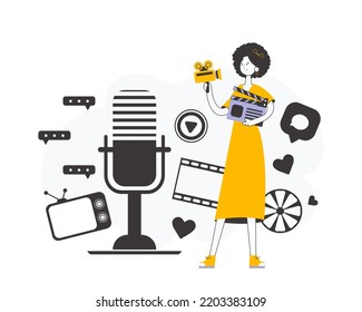 Line art trendy style. Girl blogger. Video blogging and podcast concept. Vector illustration.