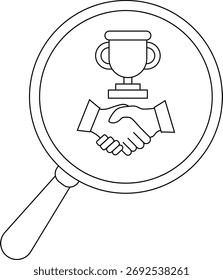 Parte da linha de um troféu e um aperto de mão dentro de uma lupa