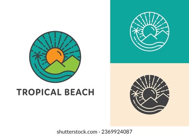 line art tropical beach emblem logo design with a palm tree mountain sun sea ocean and island