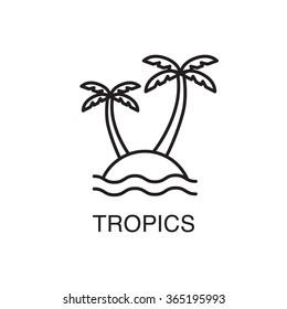 Line Art Tropical Island With Palm Trees And Ocean Waves.Summer Vacation Concept.