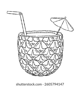 Line art of tropical juice in a pineapple container
