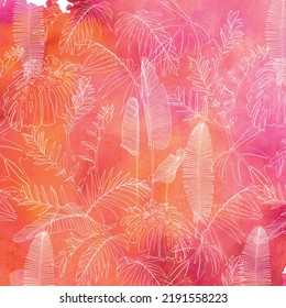 Line art tropical sketchy  leaves on orange and pink watercolor background pattern design art illustration
