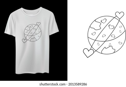 line art T-shirt design with heart and world lifestyle icon design of love passion romantic valentines day wedding decoration and  marriage celebration theme Vector illustration