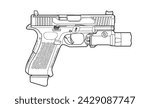 line art tuned Glock pistol with flashlight, improved for Army special operations. Vector illustration