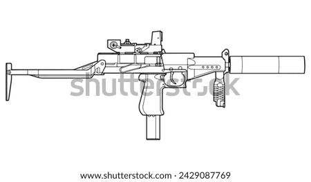 line art of tuned Russian SR-2m veresk submachine gun with collimator sight, silencer, improved for special operations of the army and police. Vector illustration