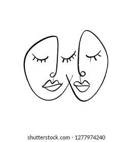 Line art twins faces portrait. Stylish trendy print for clothes, textile and other