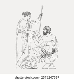 Line art of two ancient Greek figures, one seated, one standing. Classical attire, historical setting, ancient Greek theme, classical art style. Vintage art drawing, isolated vector element.