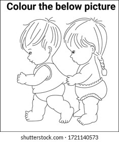 Line art two baby on the white background. vector illustration. For pre school education, kindergarten and kids and children. Coloring page and books, outline