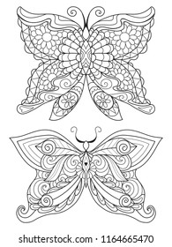 Line art of two beautiful butterflies for design element and coloring book page. Vector illustration