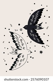 Line Art of Two Birds in Flight. Continuous line drawing, abstract and minimalist lineart design. Vector illustration