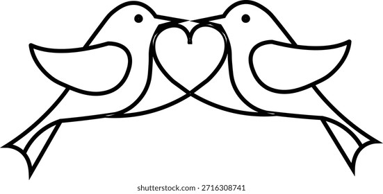 Line art de dois pássaros tocando suavemente bicos para criar uma forma de coração Ações:	