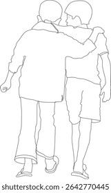 Line art of two boys walking with arms around each other, symbolizing childhood bonding and trust. A heartwarming moment perfect for celebrating Friendship Day and timeless companionship.