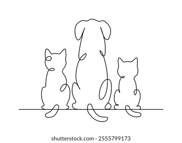 Line art of a two cats and dog back view vector art illustration