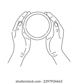 Línea de arte dos manos sosteniendo taza de café. Ilustración dibujada a mano por vectores.