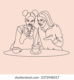 Línea de arte de dos mujeres felices tomando té y charlando en un café. Amistad entre mujeres