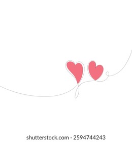 line art two hearts continuous thin line with red base on white background
