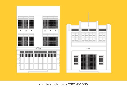 Line art of two historical vintage buildings. Vector. With solid color background.