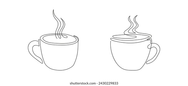 Line art of two hot cups with steam. Coffee or tea mugs. Continuous one line drawing. White backdrop. Design elements for print, greeting, postcard, scrapbooking. Concept of hot beverage, drink