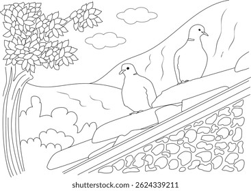 Line Art of Two Lovely Turtledove Birds on a Roof, Simple black and white line art illustration depicting two lovely turtledove birds perched together on a roof. Includes a tree, clouds, and a stone