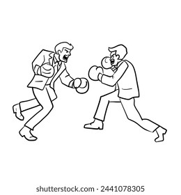 Line art of two men wearing international suits and boxing gloves are punching each other.Vector illustration isolated on white.