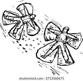 Arte de línea Dos Personas que hacen el bosquejo de la silueta del ángel de la nieve