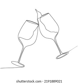 Line art of two wine glasses cheering for celebration moments isolated, Alcohol glasses Continuous Line drawing 