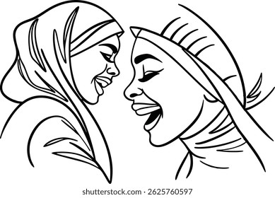 Arte Da Linha De Duas Mulheres Rindo Juntos Em Lenços De Cabeça Ilustração Alegre