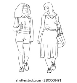 line art of two young mixed race women walking and talking front view