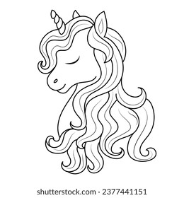 Line art unicorn kids illustration for Children's coloring book page