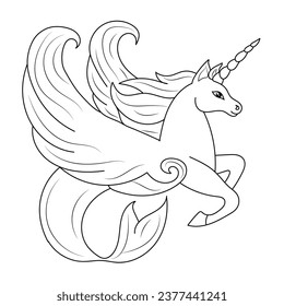 Line art unicorn kids illustration for Children's coloring book page