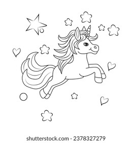 Line art unicorn kids illustration for  Children coloring book page design