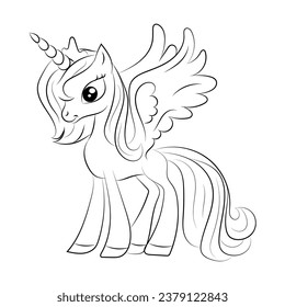 Line art unicorn kids illustration for  Children coloring book page, Unicorn kids coloring page vector blank printable design for children to fill in Free Vector