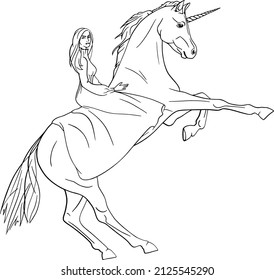 Line art unicorn. Woman riding unicorn. Female line drawing. Vector clipart