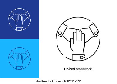 Line Art United Hands. Pile Of Arms. Team Building. Scalable Vector Icon In Modern Lineart Style. Outline Elements Vector Illustration.