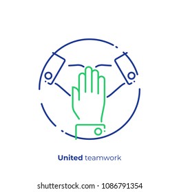 line art united hands. Pile of arms. Team building. Scalable vector icon in modern lineart style. outline elements vector illustration.