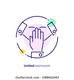 Line Art United Hands. Pile Of Arms. Team Building. Scalable Vector Icon In Modern Lineart Style. Outline Elements Vector Illustration.