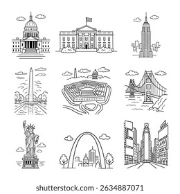 Line art of USA icons: White House, Capitol, bridges, Pentagon, and Statue of Liberty in black.