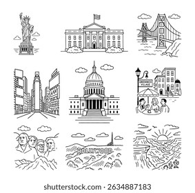 Fileira de atrações dos EUA: Estátua da Liberdade, Capitólio, Casa Branca, Golden Gate, Hollywood e muito mais.