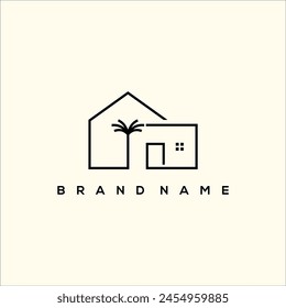 line art Vacation house or villa and palm tree logo vector